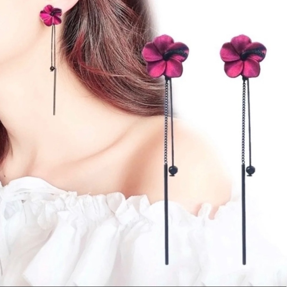 New-Red & Black Floral Tassel Stud Earrings